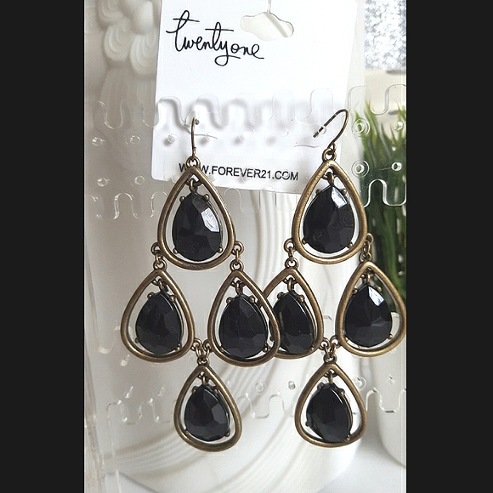 90's Forever21 Earrings🔥Brass Black Faux Crystal Chandelier